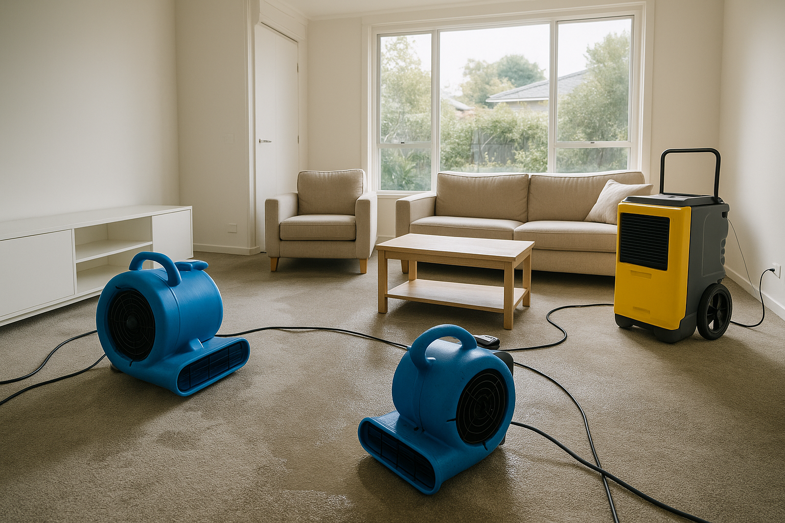 Industrial air movers and commercial dehumidifier drying a flood-damaged carpet in an Australian home