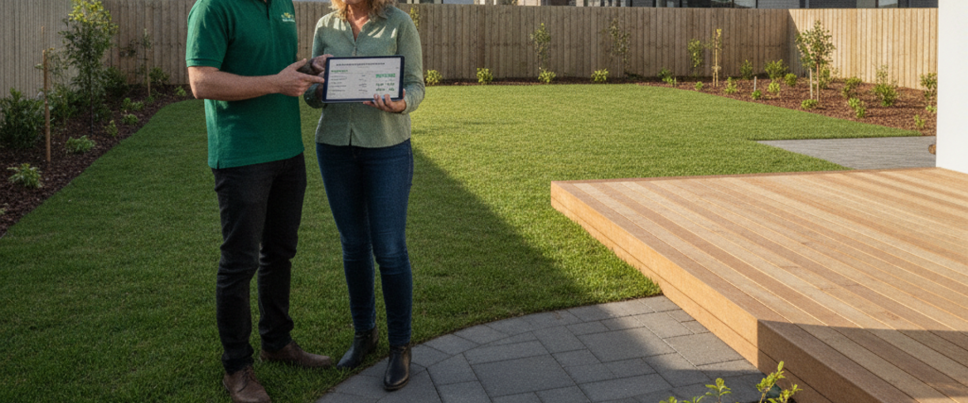 Cost of Landscaping in Moncrieff, Gungahlin Landscaper discussing the cost of landscaping in Moncrieff with a homeowner beside a freshly planted garden bed