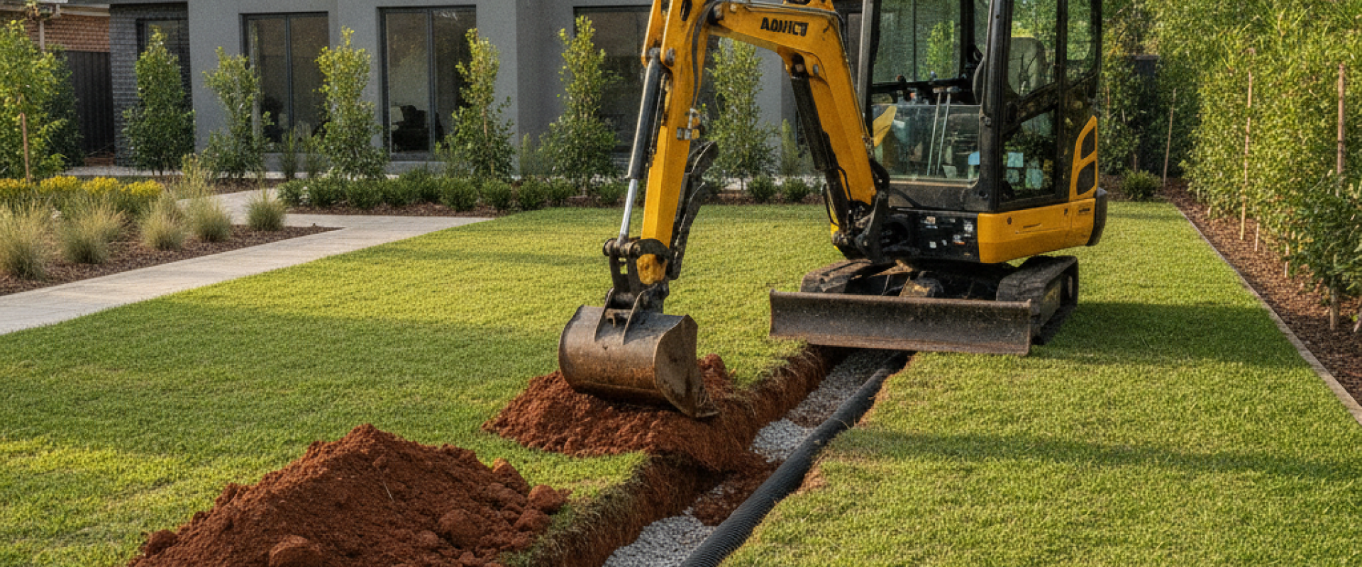 Act House & Landscaping crew performing drainage excavation on a Canberra residential property