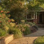 A curving flagstone pathway leads through a sunlit front yard towards a brick house, bordered by garden beds with green