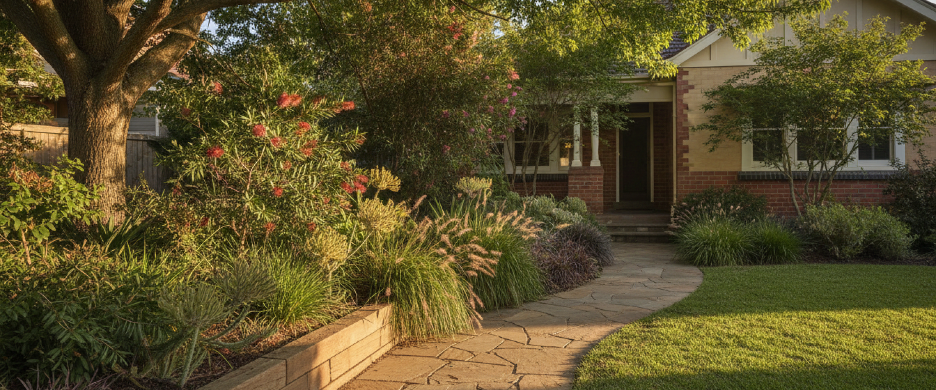 Garden Renovation Ideas for Established Canberra Central Homes A curving flagstone pathway leads through a sunlit front yard towards a brick house, bordered by garden beds with green