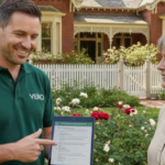 Landscaper reviewing heritage landscaping rules on a tablet beside a meticulously maintained garden at a red-brick home in