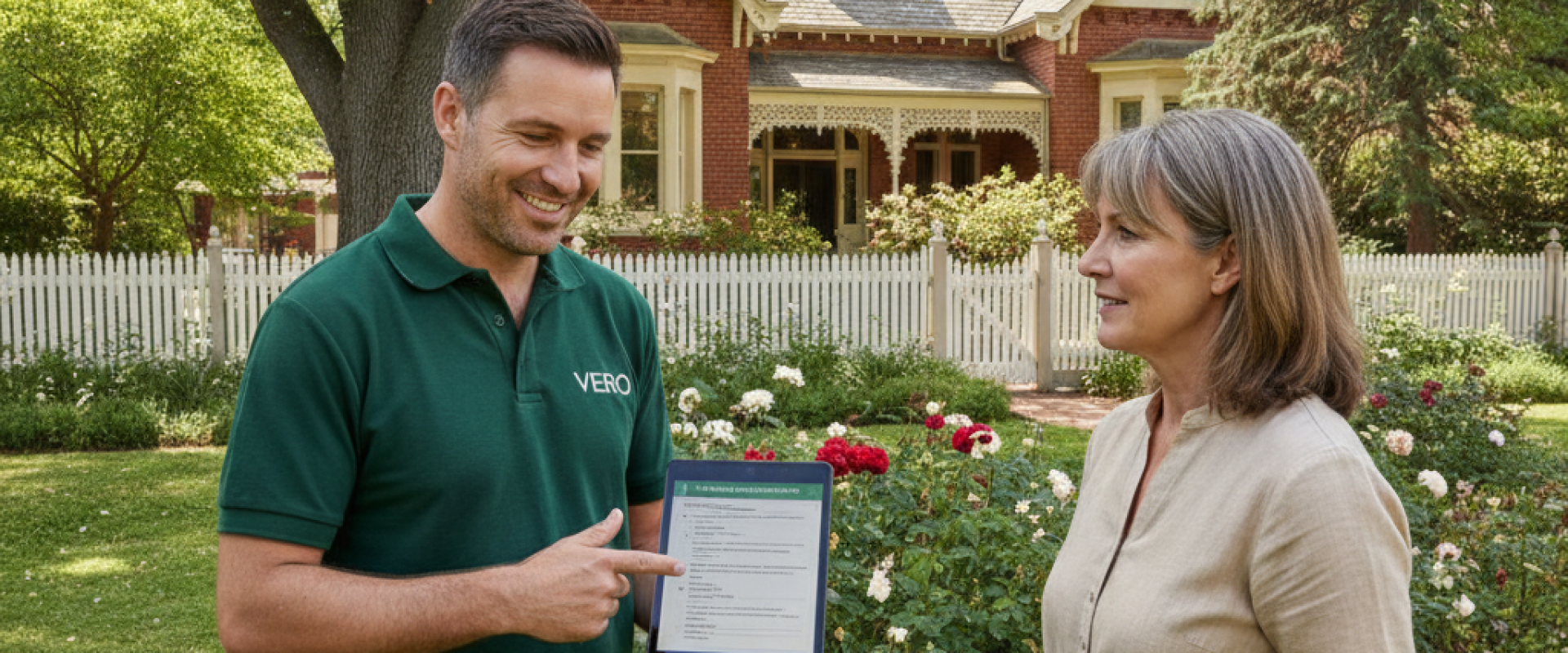 Heritage Landscaping Rules in Forrest, Canberra Central Landscaper reviewing heritage landscaping rules on a tablet beside a meticulously maintained garden at a red-brick home in