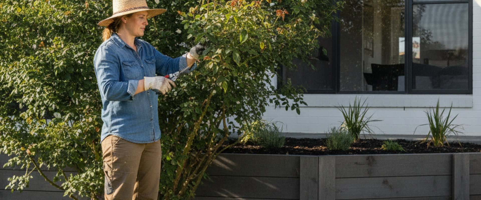 Custom Home Maintenance Checklist for Canberra Homeowners A professional landscaper prunes a mature rose bush in front of a modern home, demonstrating custom home maintenance with a