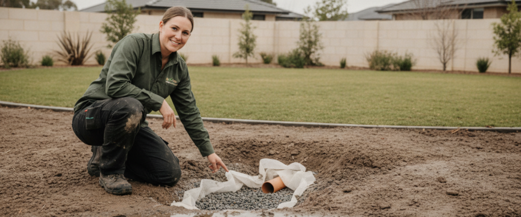 A woman kneels in muddy soil next to a large puddle, pointing at an open trench with gravel and a pipe for clay soil