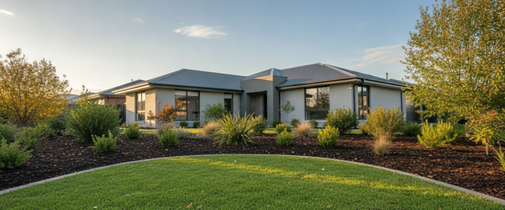 Garden maintenance in Gungahlin with a lush curved lawn and mulched beds of trimmed green shrubs beside a modern gray home