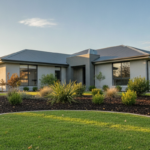 Garden maintenance in Gungahlin with a lush curved lawn and mulched beds of trimmed green shrubs beside a modern gray home