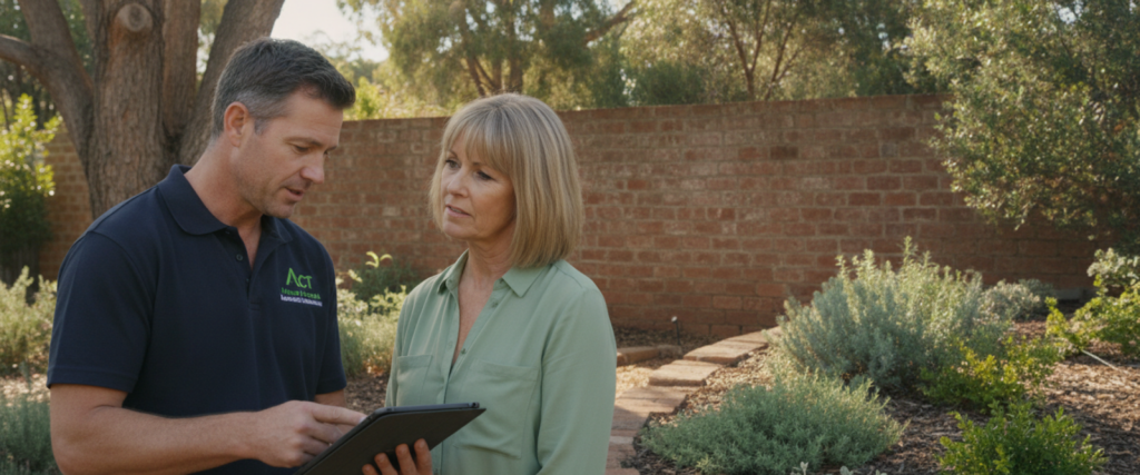 ACT consultant discusses a landscaping design with a client on a tablet in a lush Kambah garden with brick paths and shrubs