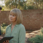 ACT consultant discusses a landscaping design with a client on a tablet in a lush Kambah garden with brick paths and shrubs