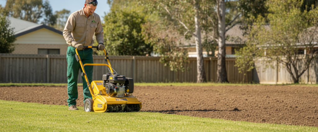 Landscaper pushing a yellow rotary hoe across bare earth during a lawn renovation in Kambah with residential homes behind