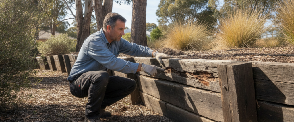 Tradesman inspecting a damaged timber retaining wall before replacement in Kaleen, surrounded by trees and wood chip ground