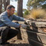 Tradesman inspecting a damaged timber retaining wall before replacement in Kaleen, surrounded by trees and wood chip ground
