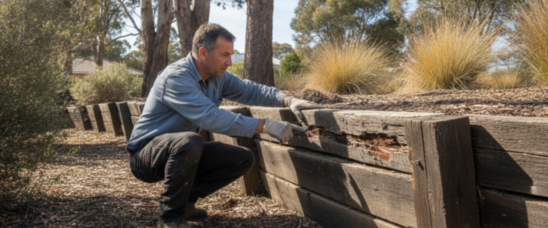 Retaining Wall Replacement in Kaleen: A Guide for Belconnen Homeowners Tradesman inspecting a damaged timber retaining wall before replacement in Kaleen, surrounded by trees and wood chip ground