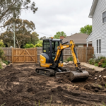 Mini digger performing backyard excavation in a Calwell backyard ahead of landscaping work